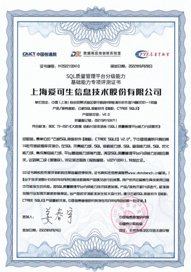 工信部信通院 SQL 质量管理平台分级能力测评证书